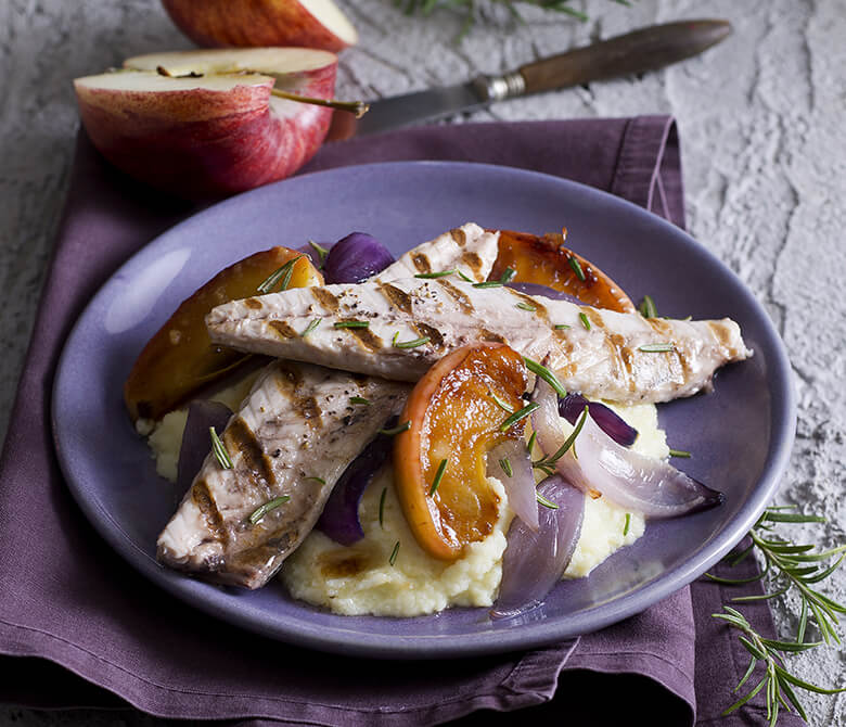 Grilled Mackerels with Potatoes, Red Onion and Caramelized Apples