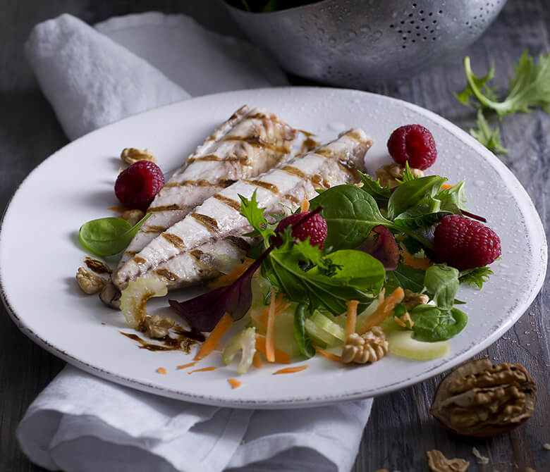 Grilled Mackerels with Raspberry Salad and Balsamic Vinegar