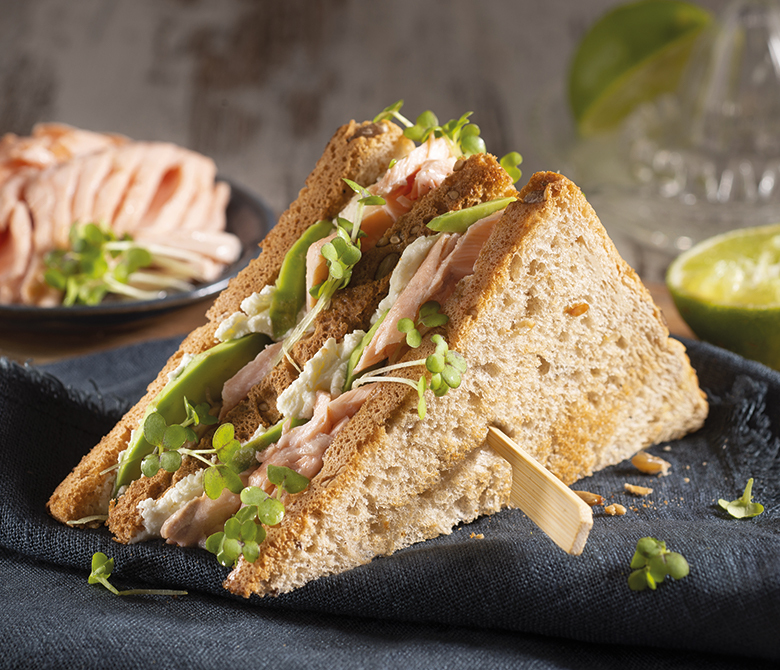 Salmon and watercress club sandwich