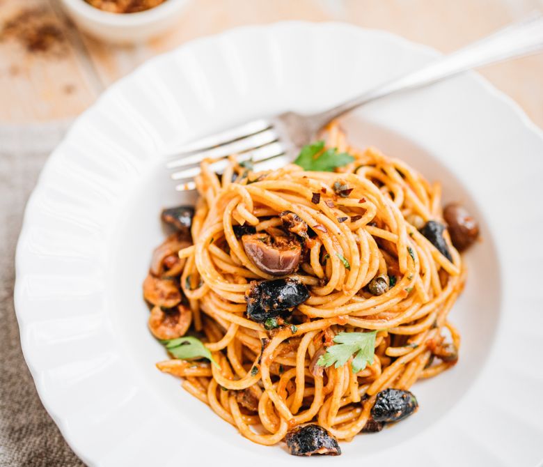 Spaghetti Puttanesca with Salmon