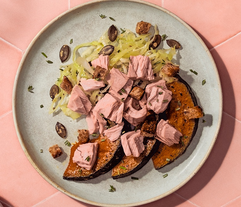 Baked Pumpkin with Tuna and Herb Croutons